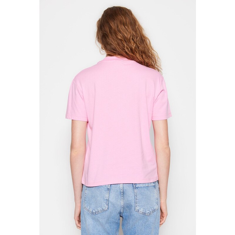 Trendyol Pink 100% Cotton Basic Stand Collar Knitted T-Shirt