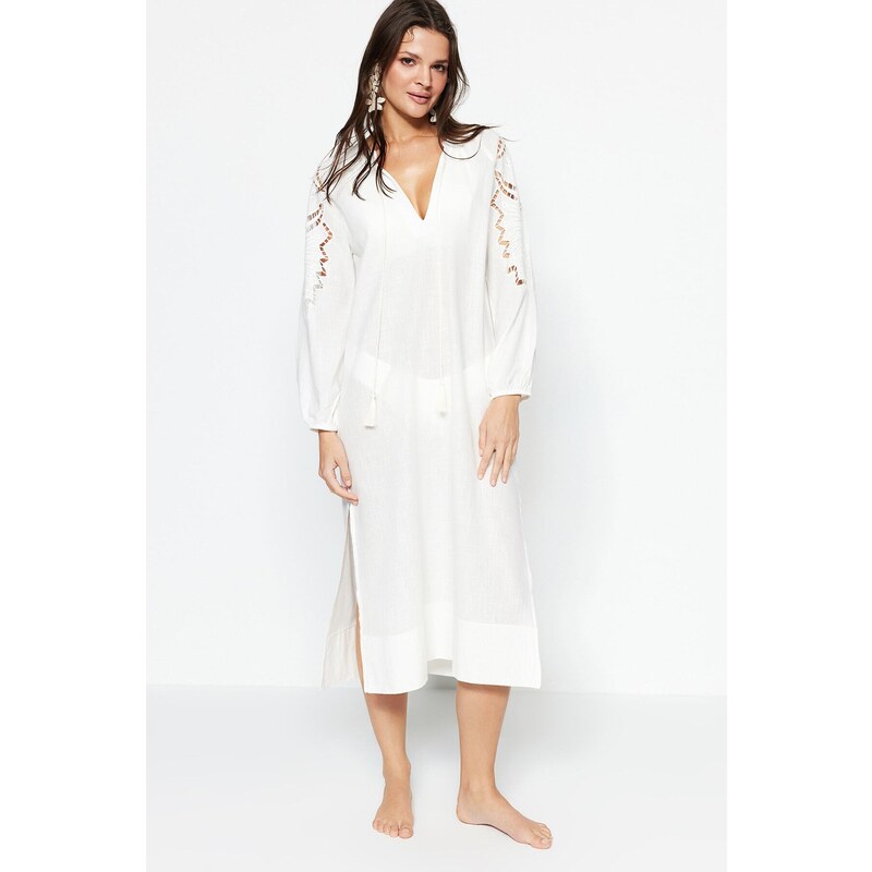 Trendyol White Midi Woven Kimono&Caftan 100% Cotton with Tassels