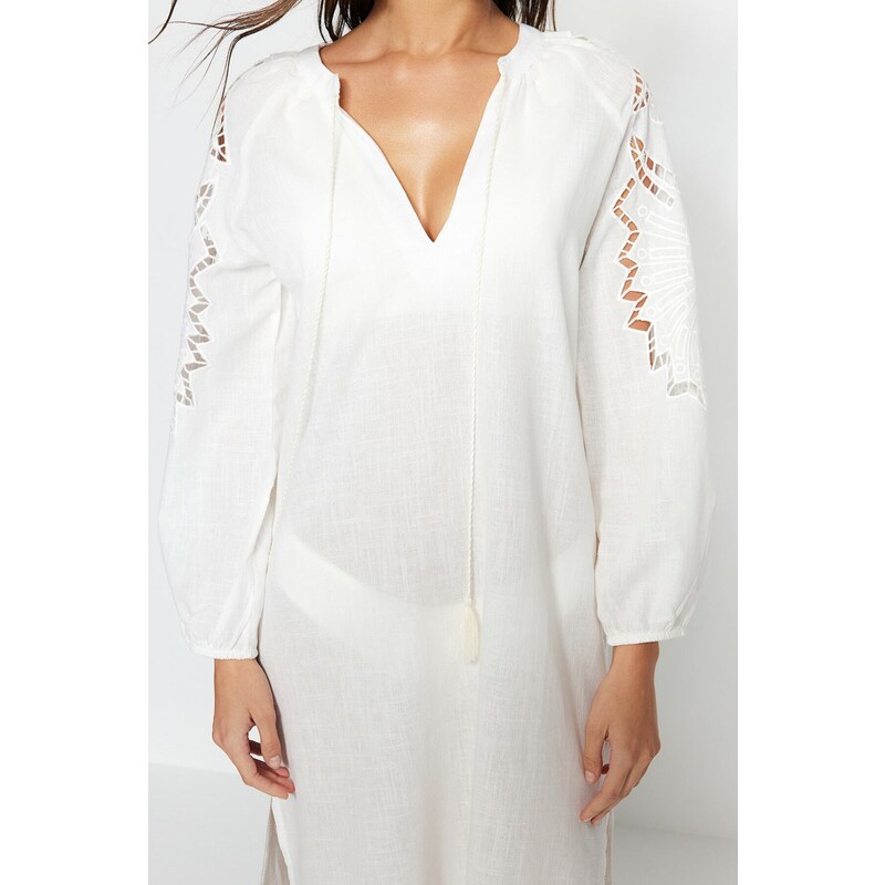 Trendyol White Midi Woven Kimono&Caftan 100% Cotton with Tassels