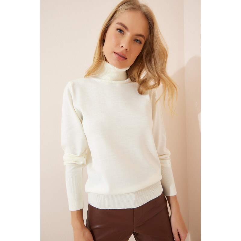 Happiness İstanbul Women's Cream Turtleneck Lightweight Balloon Sleeve Knitwear Sweater