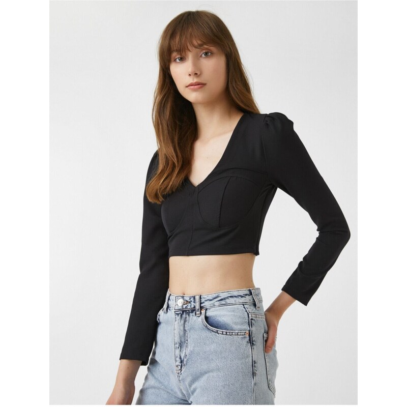 Koton V-Neck Crop Evening Blouse Long Sleeve