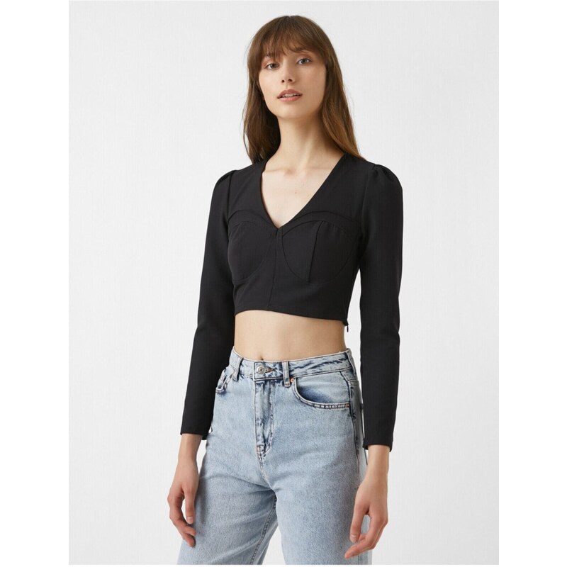 Koton V-Neck Crop Evening Blouse Long Sleeve