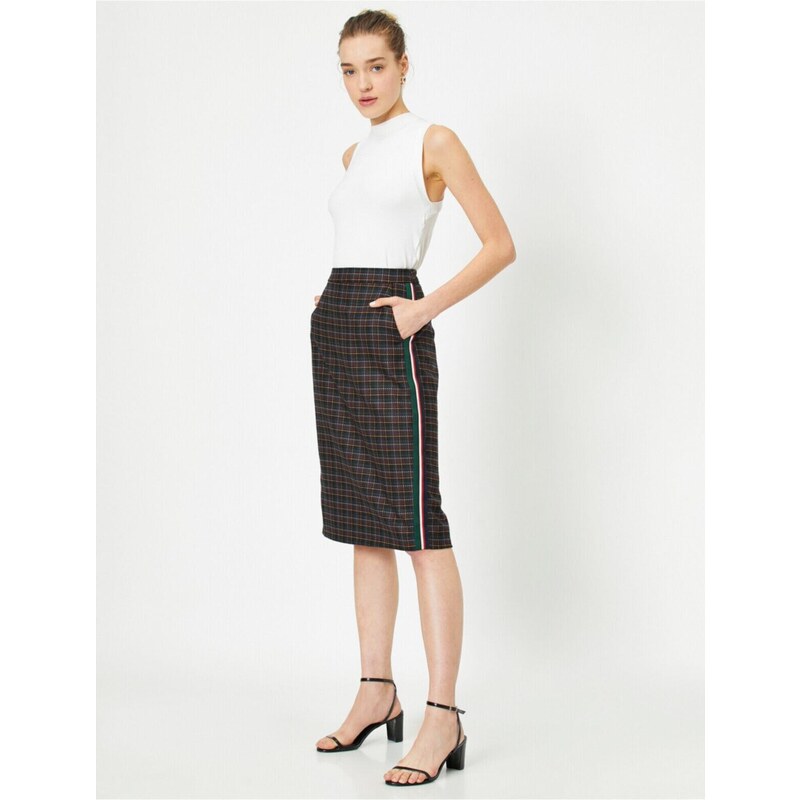 Koton Normal Waist Checked Pocket Detailed Midi Skirt