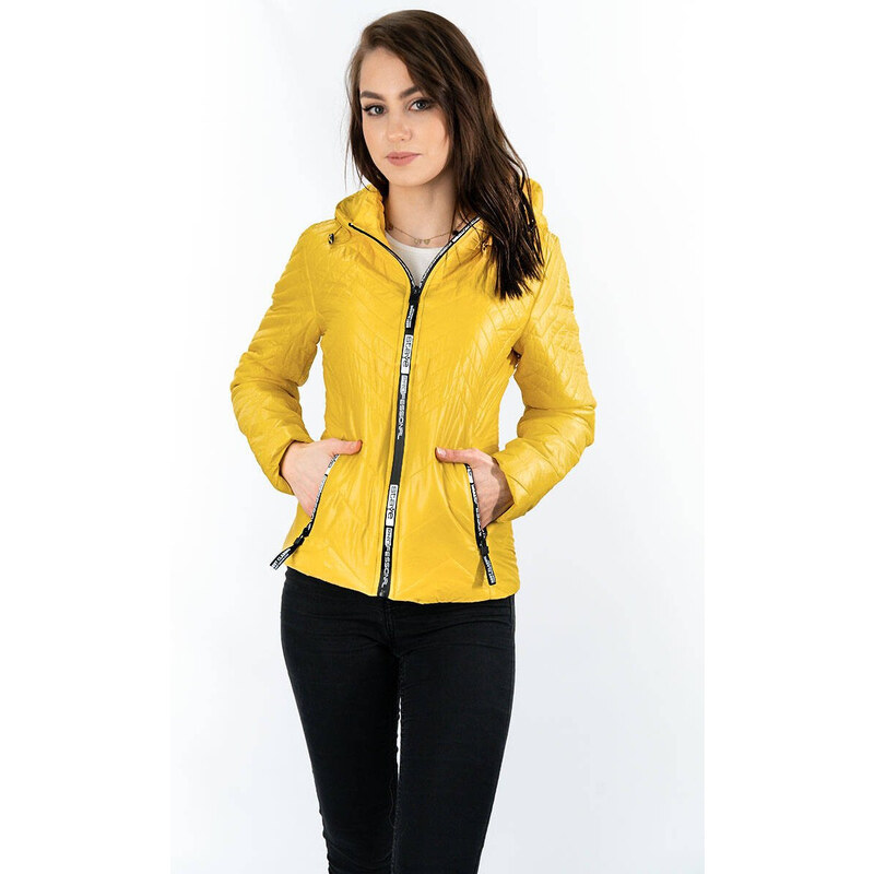 S'WEST Krátká žlutá prošívaná dámská bunda s kapucí (B9566)