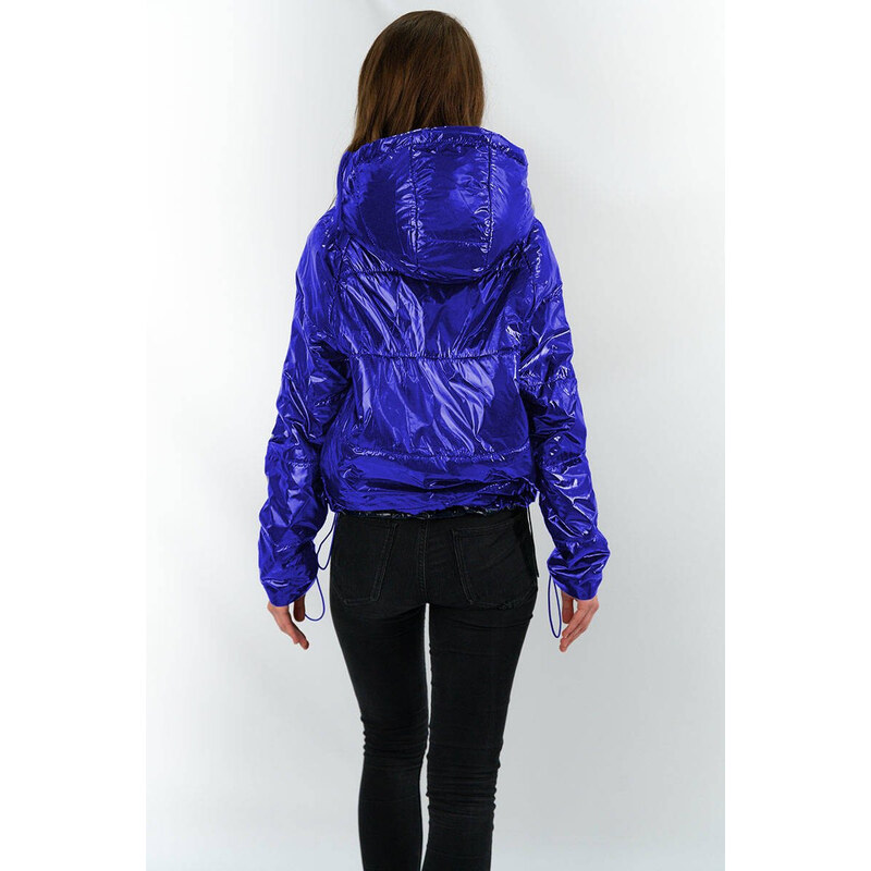 S'WEST Světle modrá lesklá prošívaná dámská bunda s kapucí (B9560)