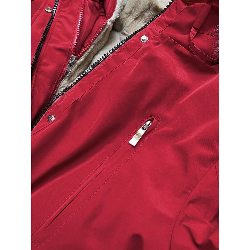 MHM Červeno-tmavě béžová dámská zimní bunda s mechovitým kožíškem (W553)