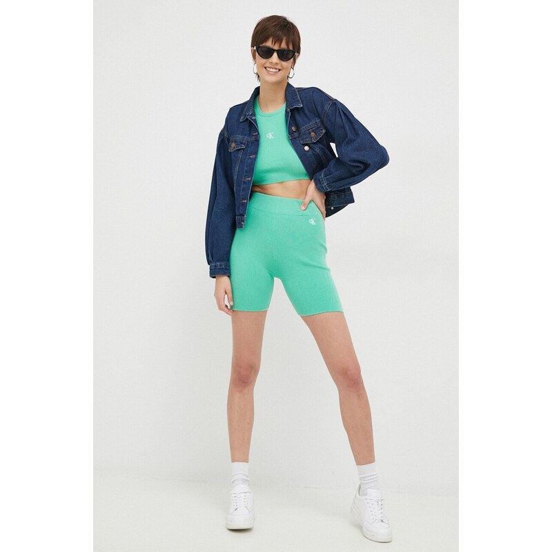 Kraťasy Calvin Klein Jeans dámské, tyrkysová barva, s aplikací, high waist