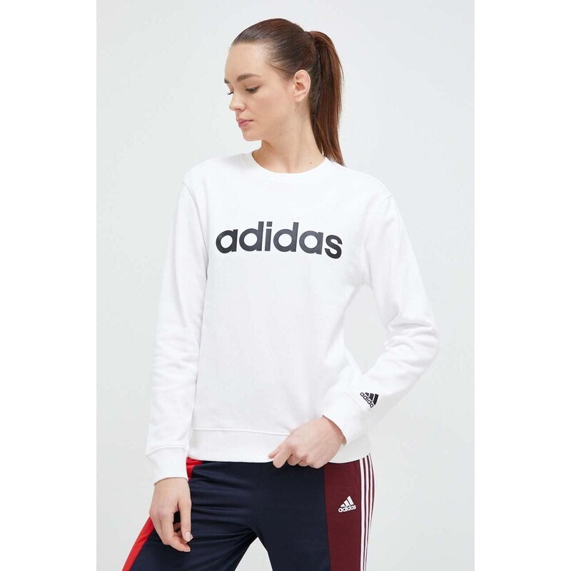 Bavlněná mikina adidas dámská, bílá barva, s potiskem, IC6879