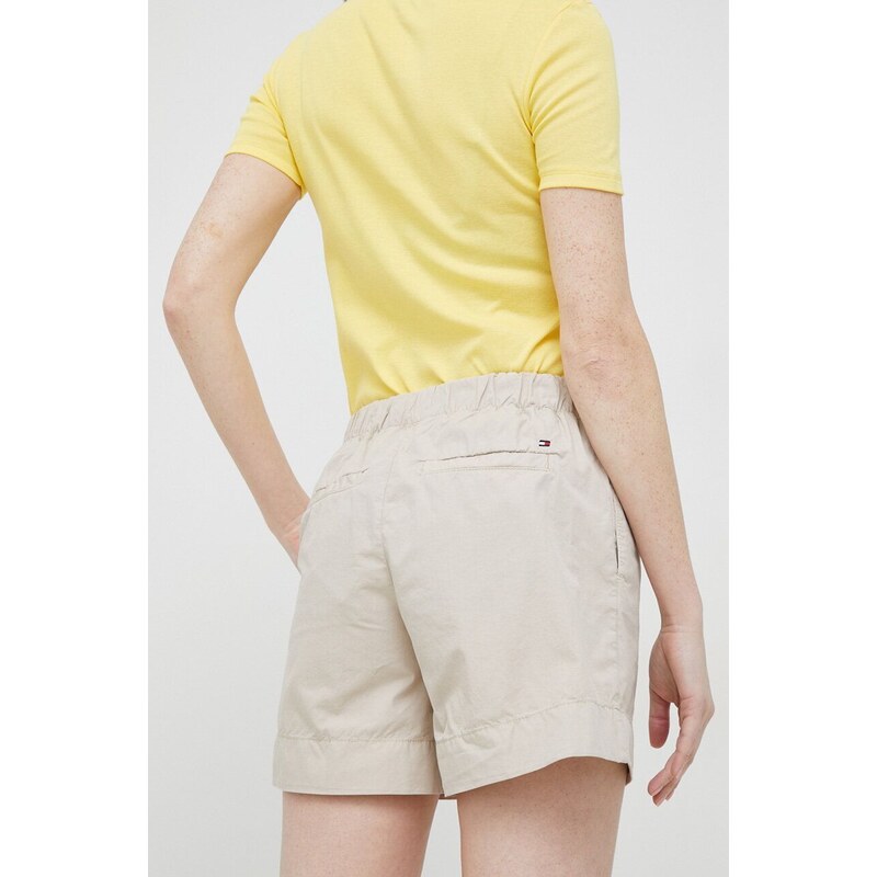 Bavlněné šortky Tommy Hilfiger béžová barva, hladké, high waist