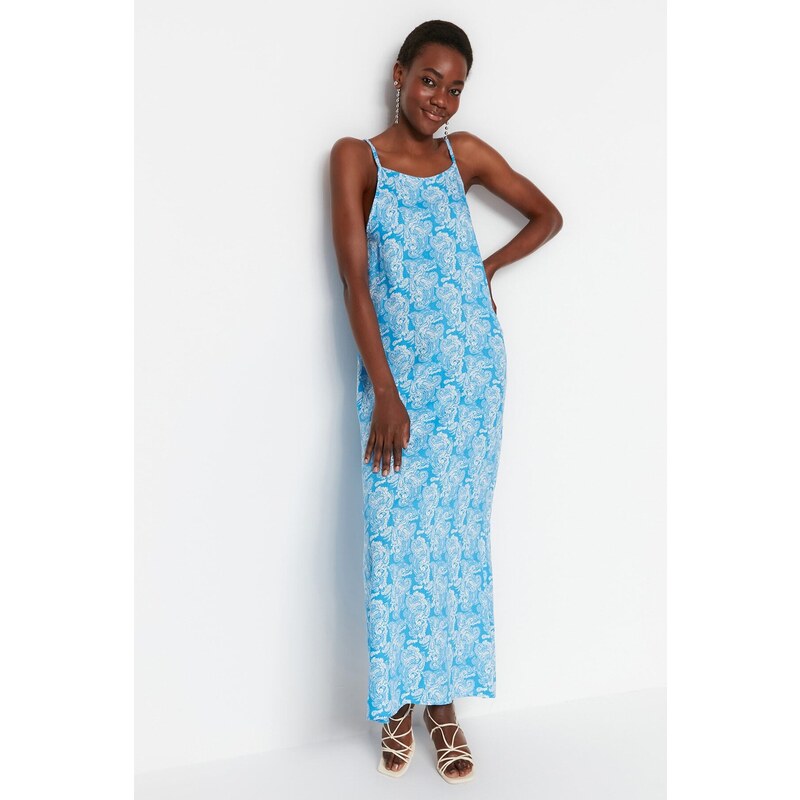 Trendyol Blue Straight Cut Maxi Woven Viscose Strap Patterned