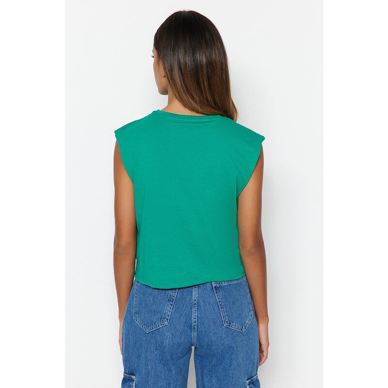 Trendyol Green 100% Cotton Printed Sleeveless Crop Crew Neck Knitted T-Shirt