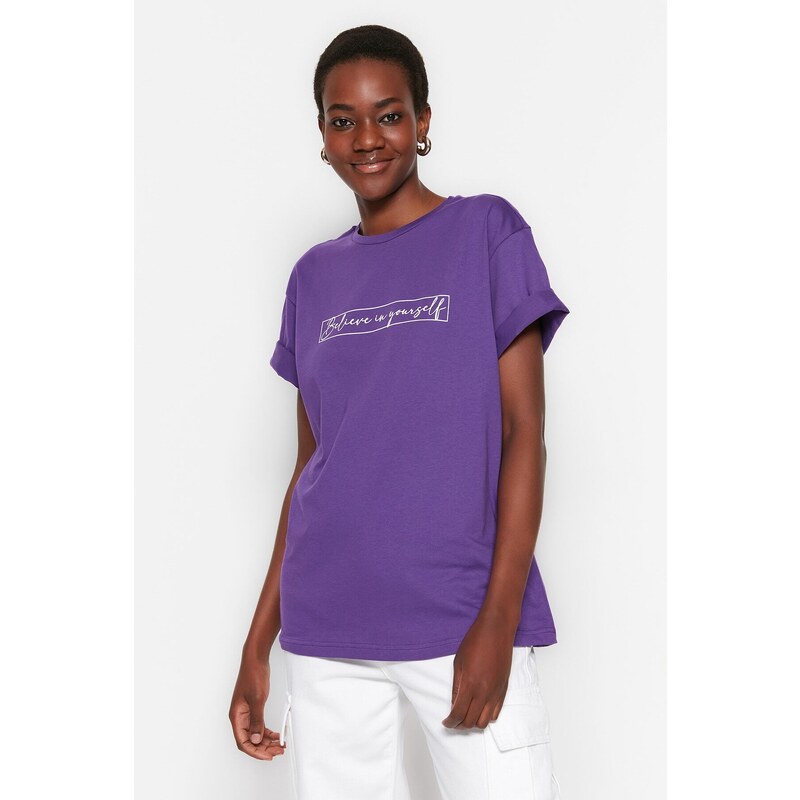 Trendyol Purple 100% Cotton Printed Boyfriend Crew Neck Knitted T-Shirt