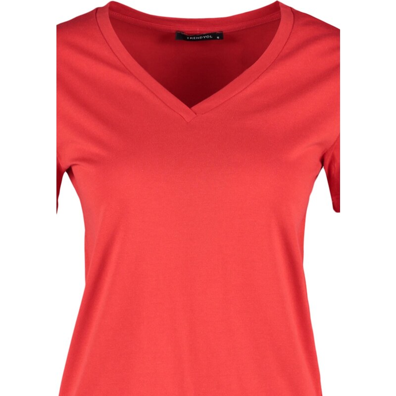 Trendyol Red 100% Cotton Basic V-Neck Knitted T-Shirt