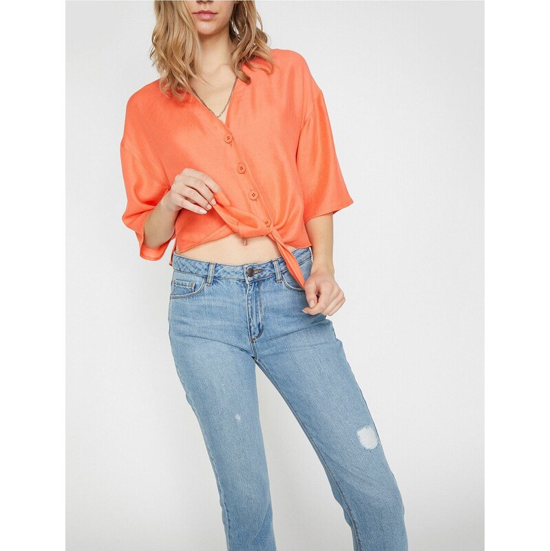 Koton Womens Red Short Sleeve V-neck Tie Waist Shirt 108406154