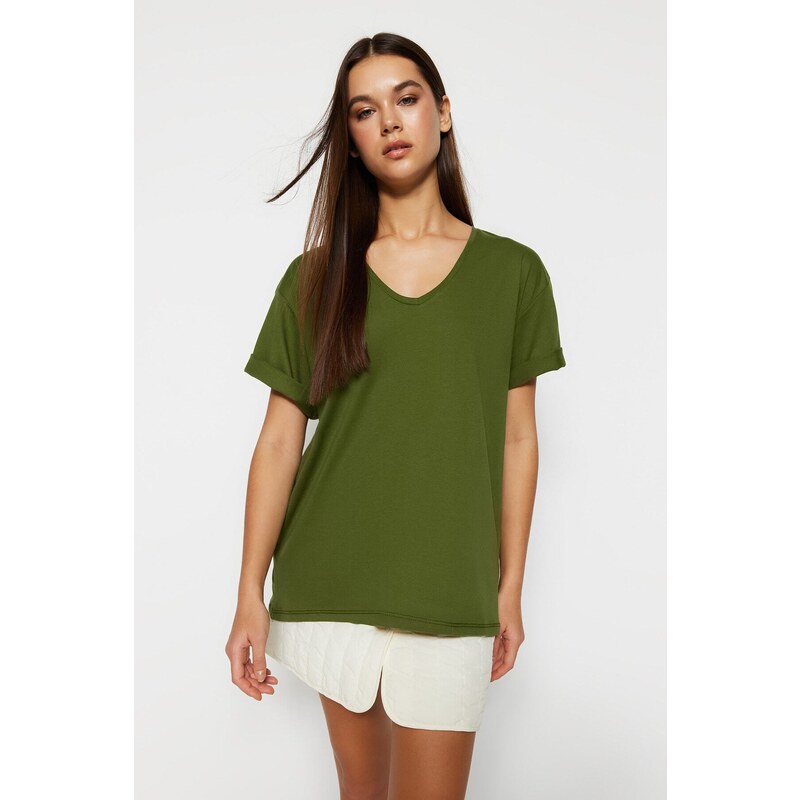 Trendyol Khaki 100% Cotton Boyfriend V-Neck Knitted T-Shirt