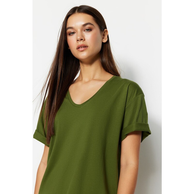 Trendyol Khaki 100% Cotton Boyfriend V-Neck Knitted T-Shirt