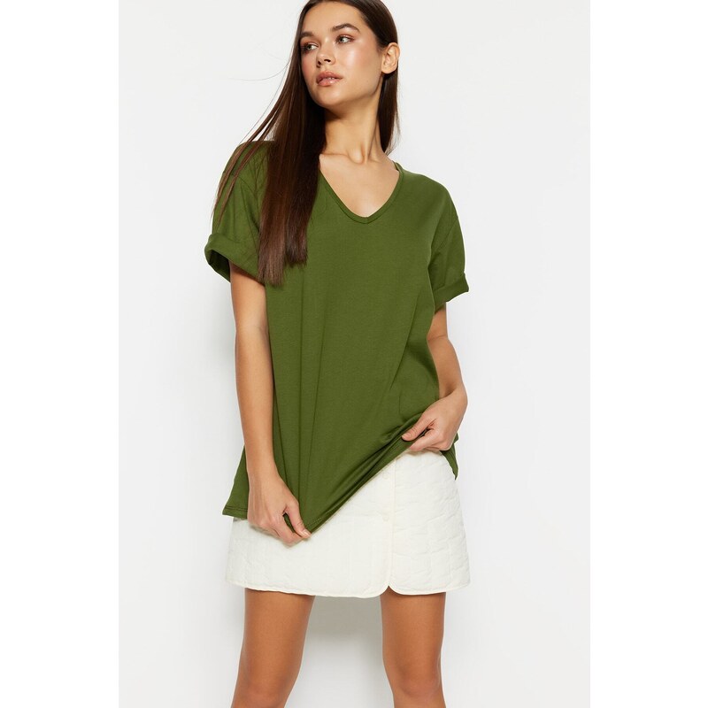 Trendyol Khaki 100% Cotton Boyfriend V-Neck Knitted T-Shirt