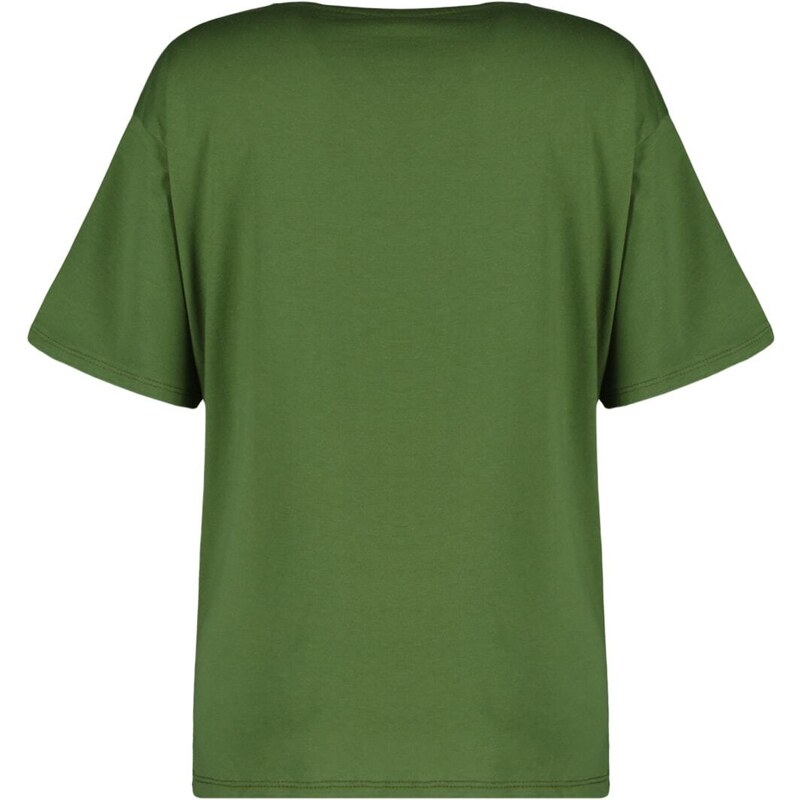 Trendyol Khaki 100% Cotton Boyfriend V-Neck Knitted T-Shirt