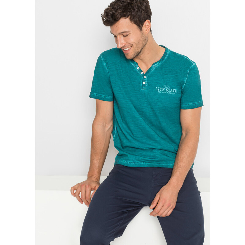 bonprix Henley tričko se sepraným vzhledem a krátkým rukávem, z