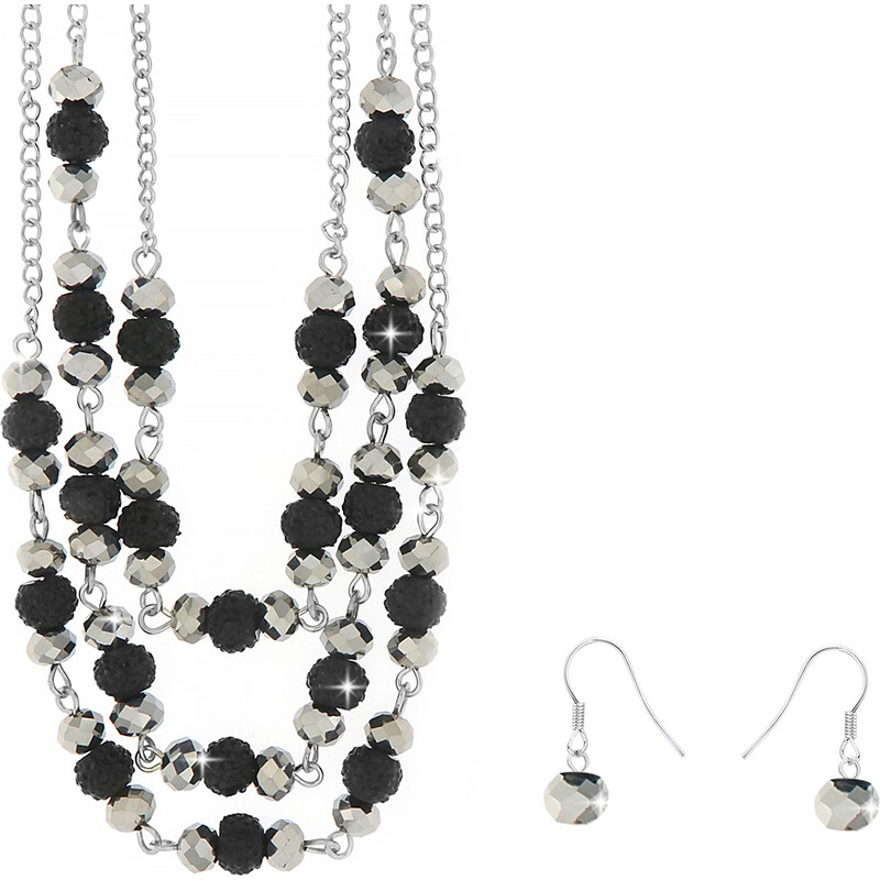 Biju Set z bižuterního kovu s korálky, náhrdelník + náušnice, černo-šedé barvy 6000564-1