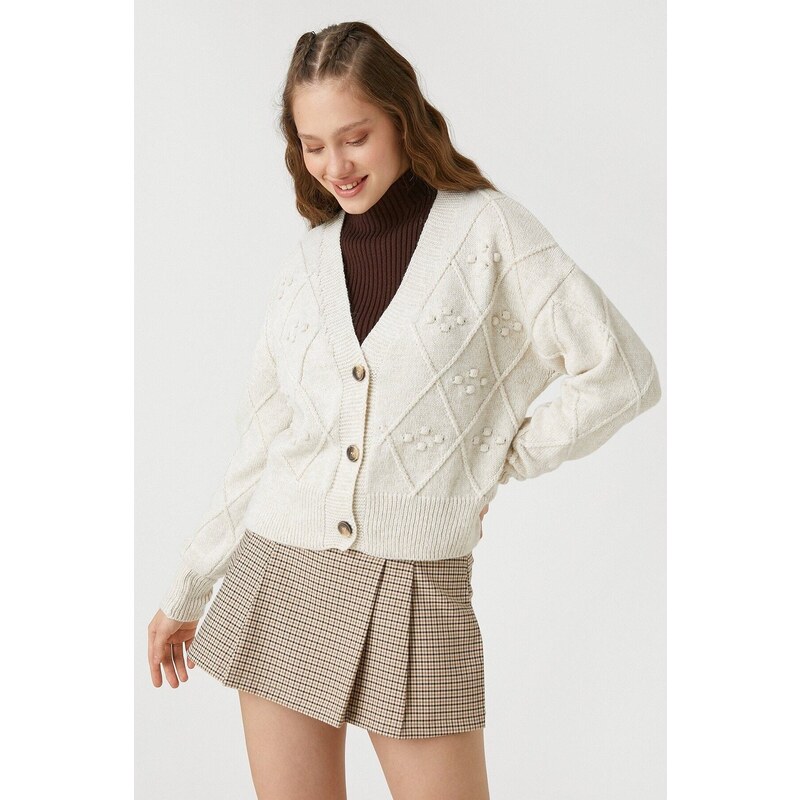 Koton Dámské pletené V-Neck Dlouhý rukáv Knoflíky Crop Cardigan