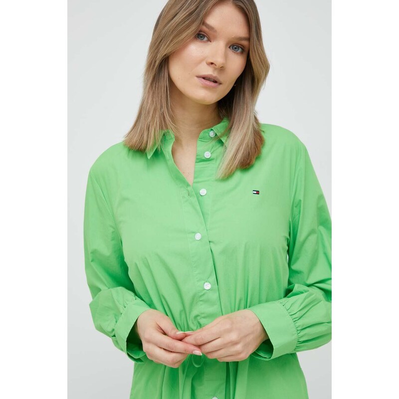 Bavlněné šaty Tommy Hilfiger zelená barva, mini