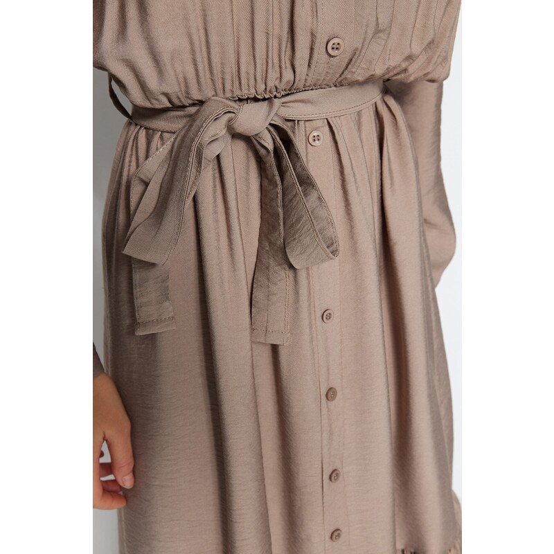 Trendyol Mink Belted Shoulder Detail Skirt With Flounces Woven Shirt Dress