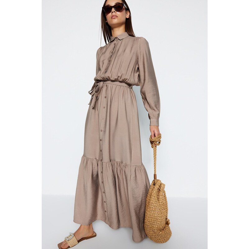 Trendyol Mink Belted Shoulder Detail Skirt With Flounces Woven Shirt Dress