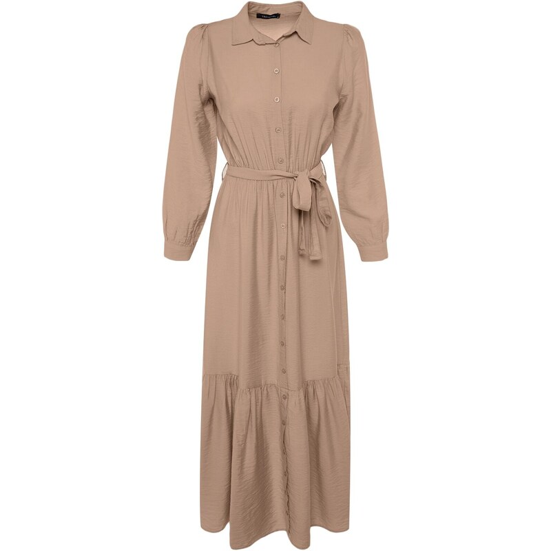 Trendyol Mink Belted Shoulder Detail Skirt With Flounces Woven Shirt Dress