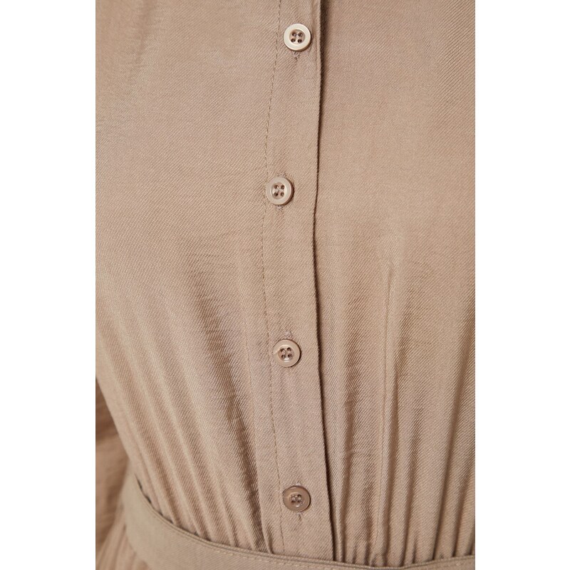 Trendyol Mink Belted Shoulder Detail Skirt With Flounces Woven Shirt Dress