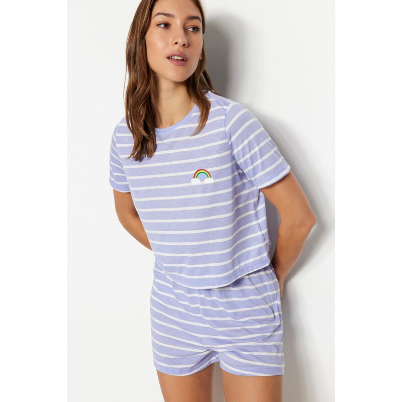 Trendyol Lilac Rainbow Printed T-shirt-Shorts Knitted Pajamas Set