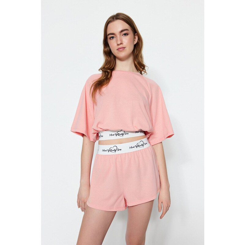 Světle růžová bavlněná elastická T-shirt-šortky pletená pyžamová 115606343