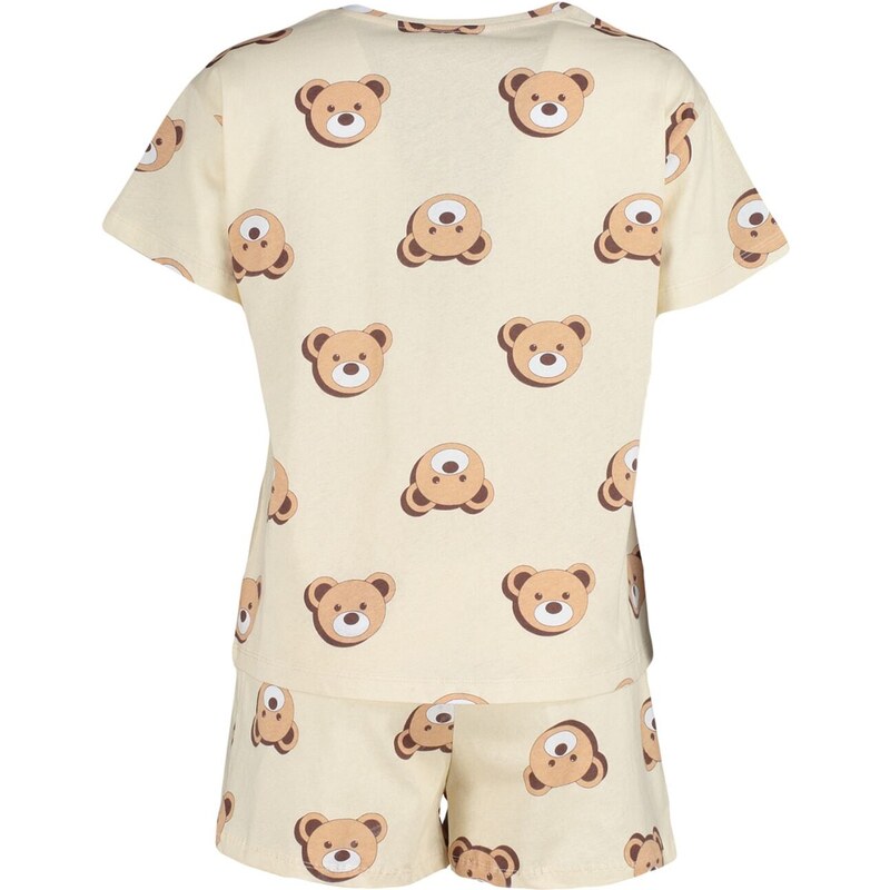 Trendyol Ecru 100% Cotton Teddy Bear Patterned T-shirt-Shorts Knitted Pajama Set