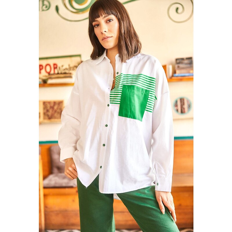 Olalook Women's White Green Pocket Detailed Oversized Woven Shirt