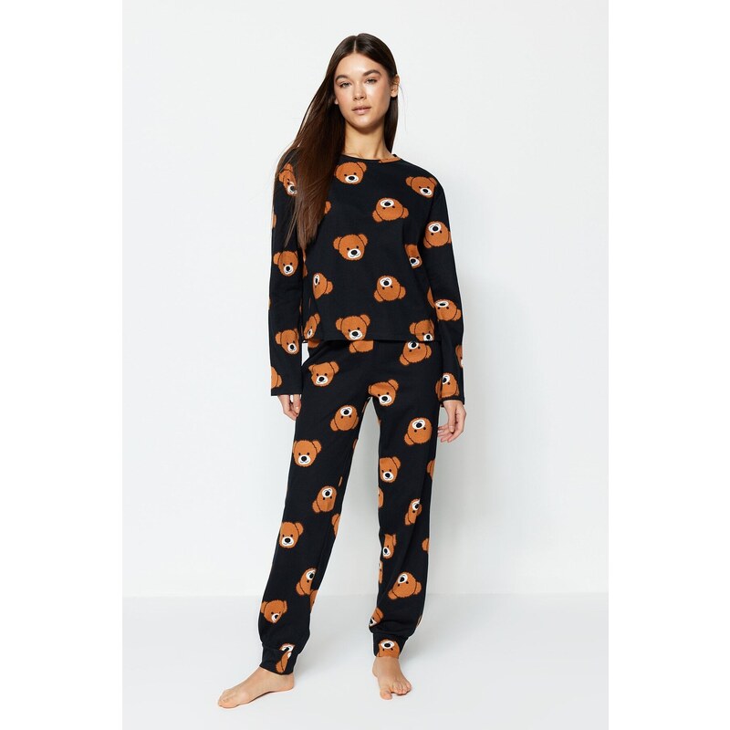 Trendyol černá 100% bavlna plyšový medvídek s potiskem trička-jogger pletené pyžamo