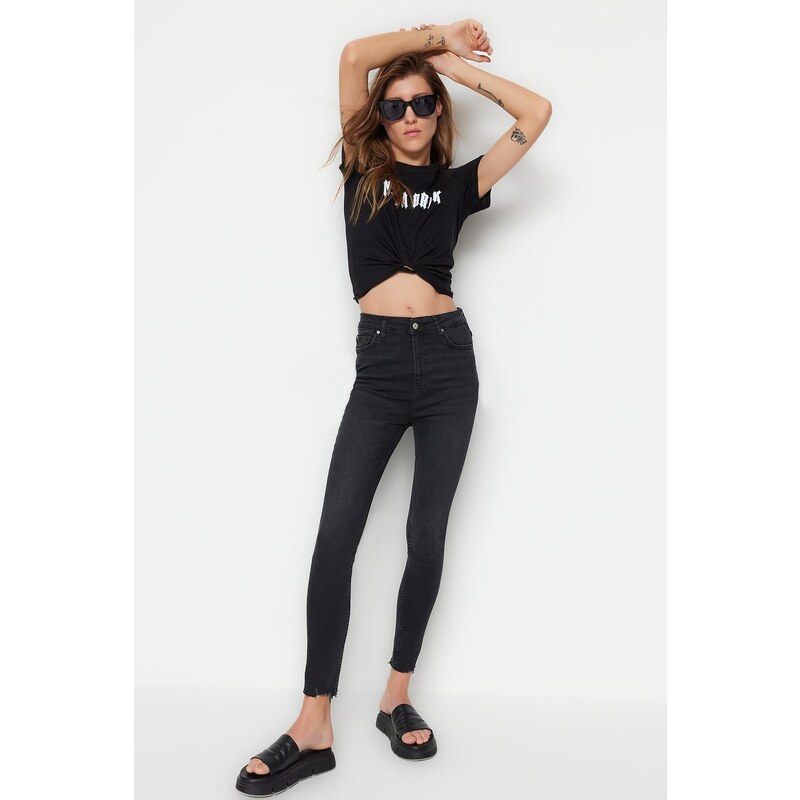 Trendyol Black High Waist Skinny Jeans with Ripped Legs