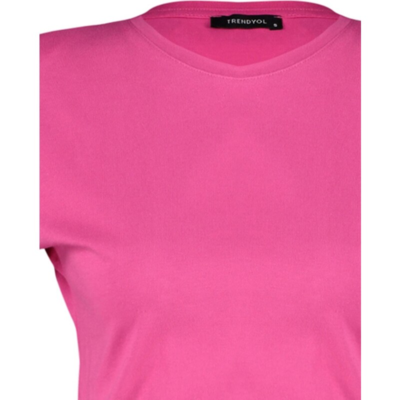 Trendyol Fuchsia 100% Cotton Padded Crop Crew Neck Knitted T-Shirt