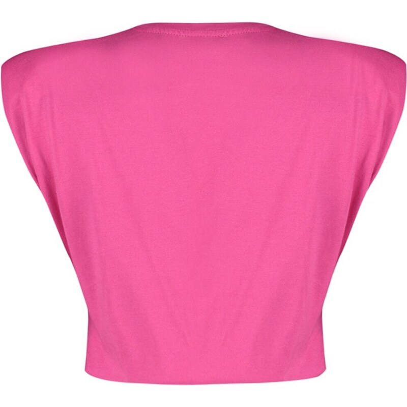 Trendyol Fuchsia 100% Cotton Padded Crop Crew Neck Knitted T-Shirt