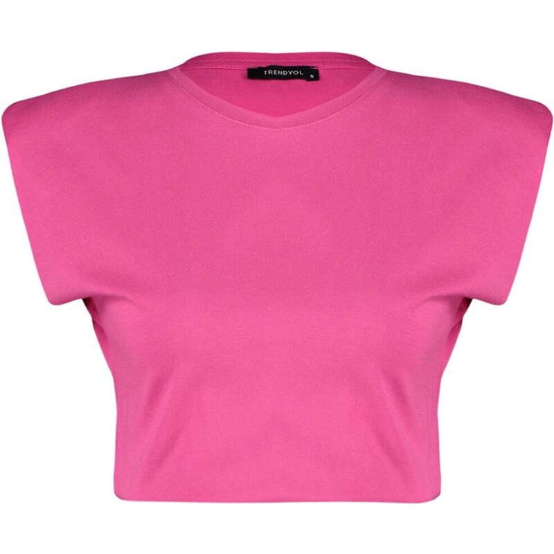 Trendyol Fuchsia 100% Cotton Padded Crop Crew Neck Knitted T-Shirt