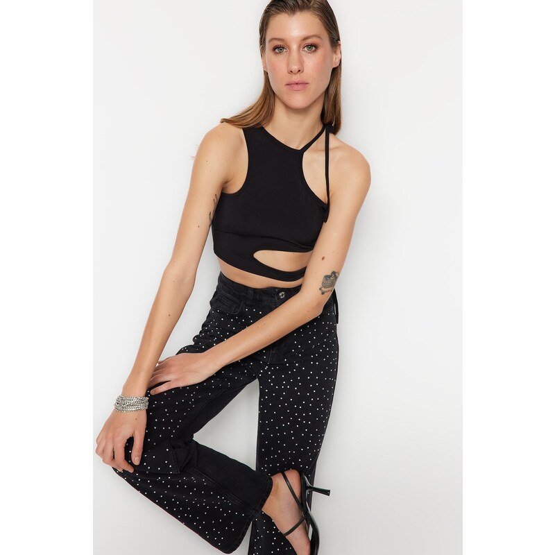 Trendyol Black Crop Knitted Window/Cut Out Detailed Blouse