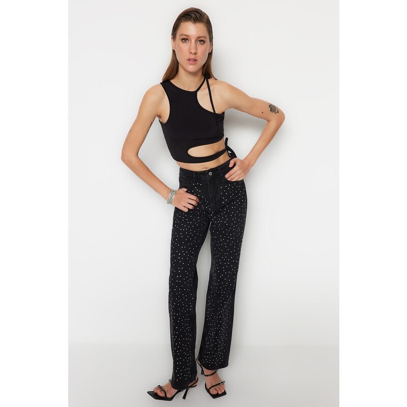 Trendyol Black Crop Knitted Window/Cut Out Detailed Blouse