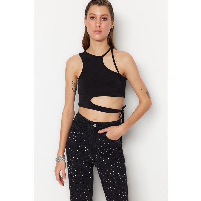 Trendyol Black Crop Knitted Window/Cut Out Detailed Blouse