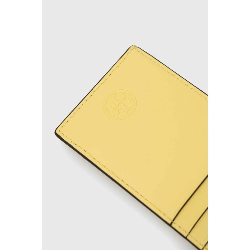 Kožené pouzdro na karty Tory Burch žlutá barva