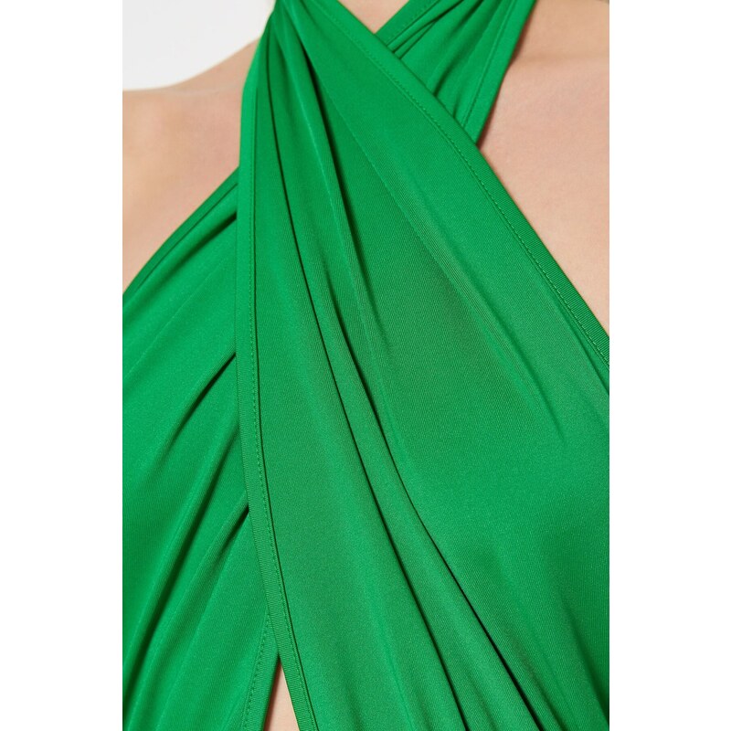 Trendyol Green Halterneck Cross-tied Waist Decollete Flexible Snaps Knitted Body