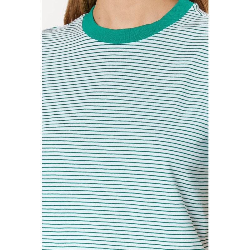 Trendyol Striped Green Ecru Premium Basic Crew Neck Knitted T-Shirt