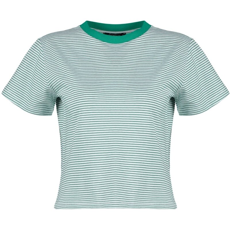 Trendyol Striped Green Ecru Premium Basic Crew Neck Knitted T-Shirt