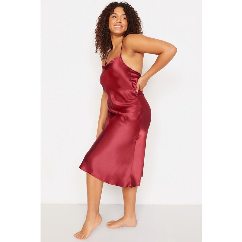 Trendyol Curve Claret Red Straps, Satin Woven Back Detailed Nightgown