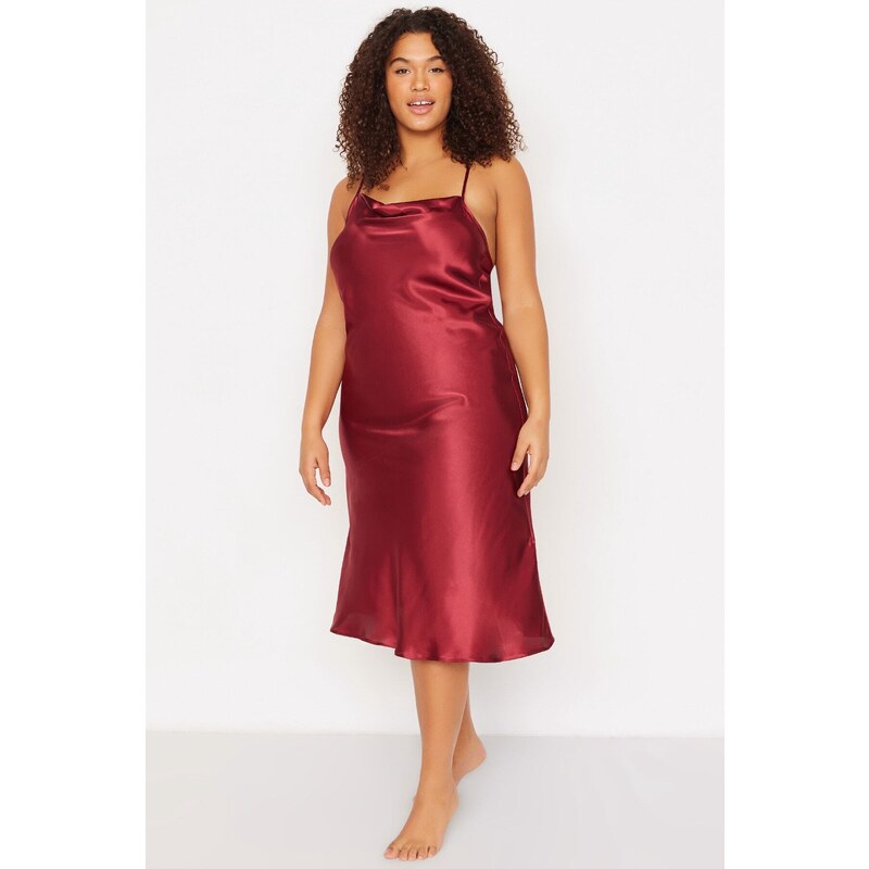 Trendyol Curve Claret Red Straps, Satin Woven Back Detailed Nightgown