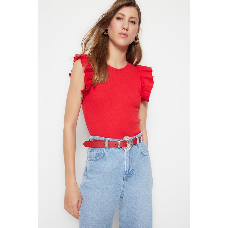 Trendyol Red Frill Detailed Corduroy Crew Neck Flexible Knitted Bodysuit