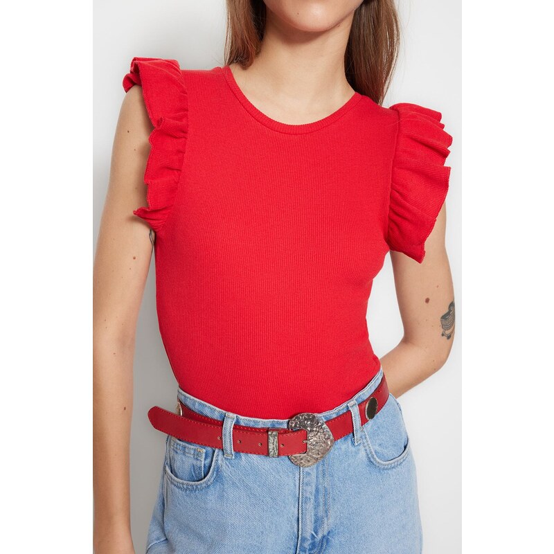 Trendyol Red Frill Detailed Corduroy Crew Neck Flexible Knitted Bodysuit